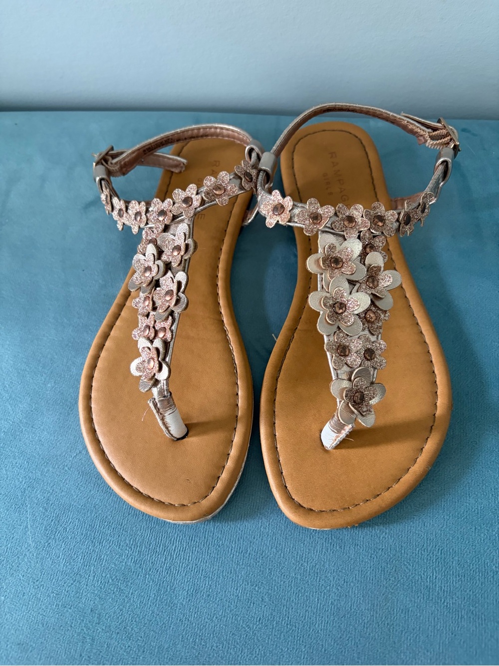 Girls size 1 Floral T-Strap Sandals - Rose Gold
